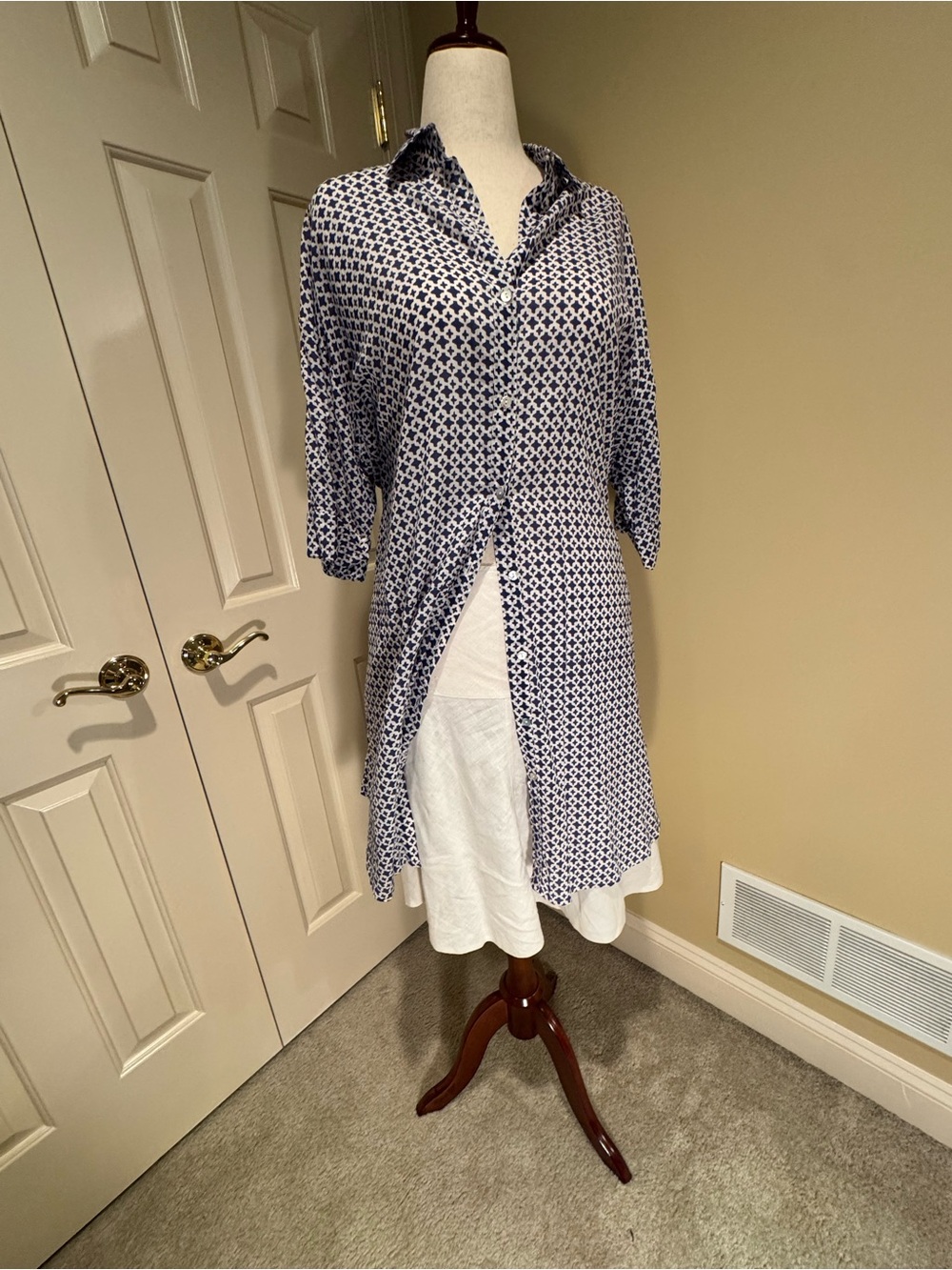 Button-Front Printed Long Shirt or Dress - Navy & White